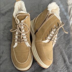 Tan Suede Fur-Lined Ankle Boots